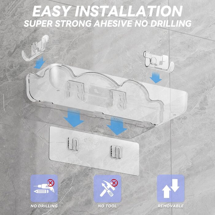 Полиця для душу без свердління, 6 шт. Настінна полиця для ванної кімнати з тримачем для фену та гачками, полиця для душу з нержавіючої сталі, органайзер для ванної кімнати та кухні сірого кольору (2-прозорий)