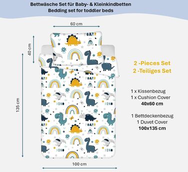 Комплект постільної білизни для ліжечка малюка Kinderbettwäsche: комплект постільної білизни для дитячого ліжечка з бавовни, розмір 100x135 см та 40x60 см, з динозаврами (Dinosaurier Dino), сертифікат Öko-Tex Standard для хлопчиків та дівчаток
