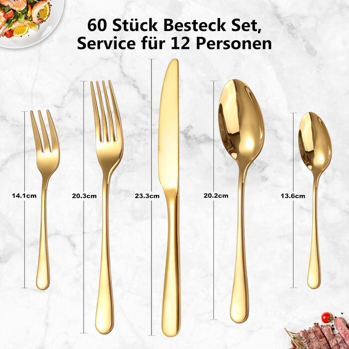 Gold Cutlery Set 12 People, 60-Piece Cutlery Set Gold Stainless Steel, Shiny Gold Cutlery Set with Knife, Fork, and Spoon, High-Quality Table Cutlery, High-Gloss Polished & Dishwasher Safe