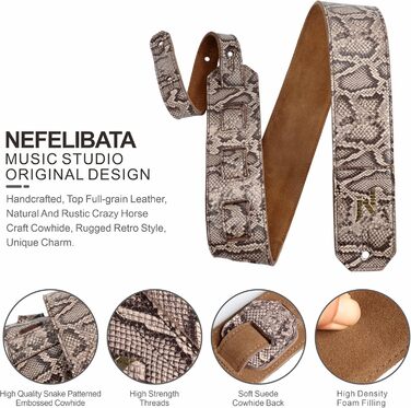 Шкіряний гітарний ремінь Nefelibata 2.3' з повним тисненням, м'яка підкладка, для бас-, електро- та акустичної гітари (Sahara Yellow Embossed) - колір Sahara Yellow (сірий)