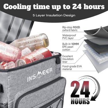 INSMEER Велика термосумка на колесах 40л, 60 банок, водонепроникна, для пляжу, кемпінгу, пікніка, покупок (сіра)