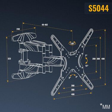 Настінне кріплення для телевізора RICOO S5364 40-75 дюймів, поворотний механізм, VESA 600x400 мм, до 45 кг