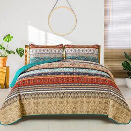 WONGS BEDDING Bedspread 220x240 Bed Cover Bohemian Quilt Steppdecke 3-Piece Double Bed Quilted Bedspread Microfiber Throw Blanket with 2 Pillowcases 50x70 for Bedroom as Sofa Cover (Bohemian) (200x220 cm, Brown Green)