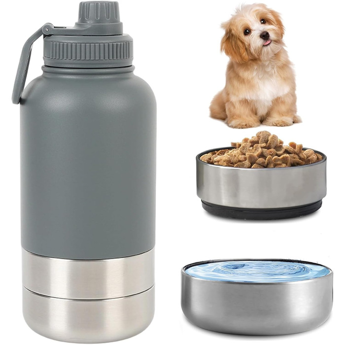 Портативна собача пляшка для води з мискою 950 мл – ізольована сталева фляга для собак, BPA-free для подорожей та прогулянок (Сірий, L)