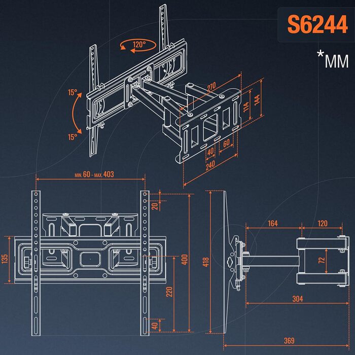 Кріплення для телевізора RICOO S6244: поворотне, настінне, для телевізорів 32-55 дюймів, до 45 кг, VESA 400x400, сумісне з OLED, Smart, Curved
