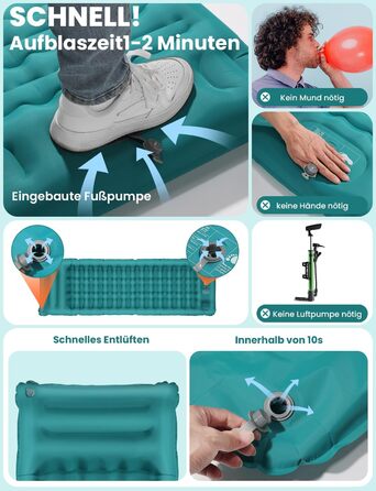 Glymnis Isomatte Camping Air Mattress - 9cm Thick, with Foot Pump & Pillow - Ultralight Outdoor Sleeping Pad for Camping, Hiking, Travel - Army Green/Turquoise