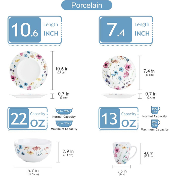 VEWEET Сервіз на 4 особи, 16 предметів, порцеляна. Сучасний сервіз з обідніми, десертними тарілками, мисками для каші та чашками. Можна мити в посудомийній машині та використовувати в мікрохвильовій печі. Серія Doris, 32 предмета