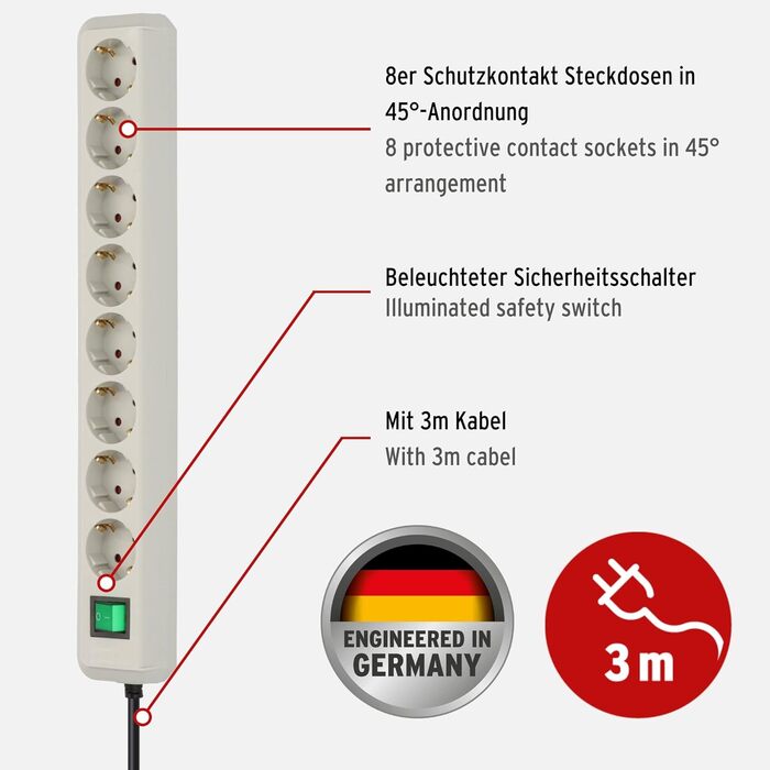 Бренненштуль Eco-Line, мережевий фільтр 8 розеток з вимикачем, 3м, сірий