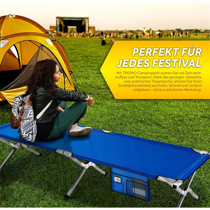 Кемпінгове ліжко TRESKO XXL, 190 x 64 x 44 см, металевий каркас, до 150 кг, блакитне