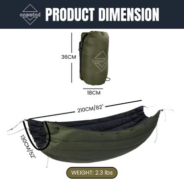 Onewind Hammock Underquilt, full-length underquilt with insulation for hammock camping, 4 seasons, hiking, backpacking, and travel. Lightweight and portable