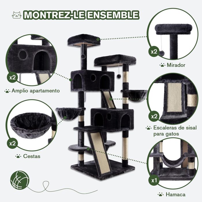 Драбина-кіготь MUTICOR 168 см для великих котів з гамаком, кошиками та ігровим будиночком, сірий
