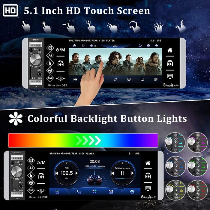 Автомагнітола CAMECHO 1 DIN з CarPlay, 5,1