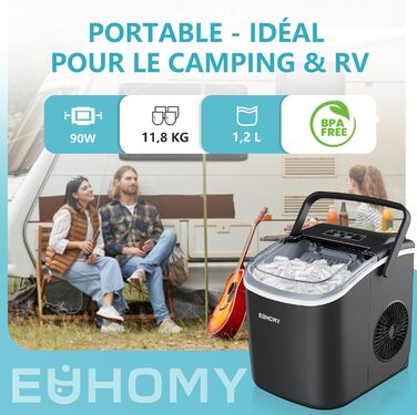 Машина для приготування льоду EUHOMY 12 кг, чорна. Швидке приготування, портативна, самоочищення.