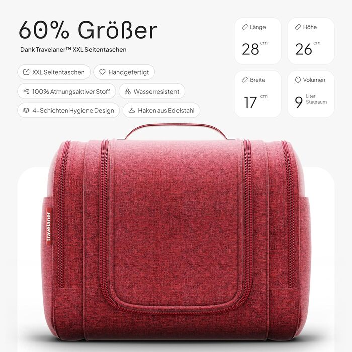 Чохол для туалетних речей Traveaner 7 відділень, 3-в-1, водонепроникний, для подорожей (червоний, XXL)