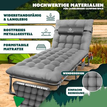 Кемпінгове ліжко KESSER® розкладне, 190x68x30 см, до 250 кг, з Oxford тканини та сталевим каркасом + сумка, подушка, кишеня та тримач для напоїв, для кемпінгу