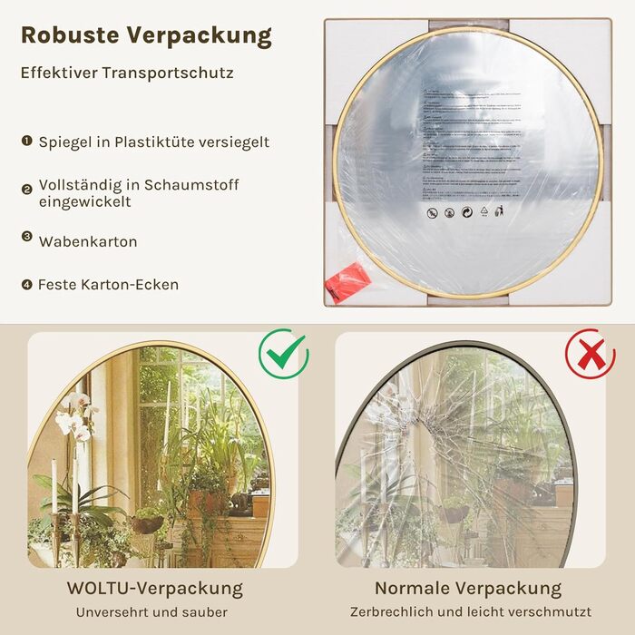 Круглий настінний дзеркало WOLTU 40 см з рамою, для ванної, спальні, вітальні, коридору, декоративний, з металу, скла, MDF, з гачком, 81x81 см, золотий