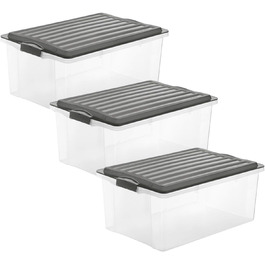 Rotho Compact 3-Piece Storage Box Set 70L with Lid and Wheels (3x38L, Anthracite/Transparent)