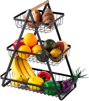 Багатоярусна металева підставка для фруктів та овочів MaxEarn - 3 яруси, велика місткість, з дерев'яною ручкою