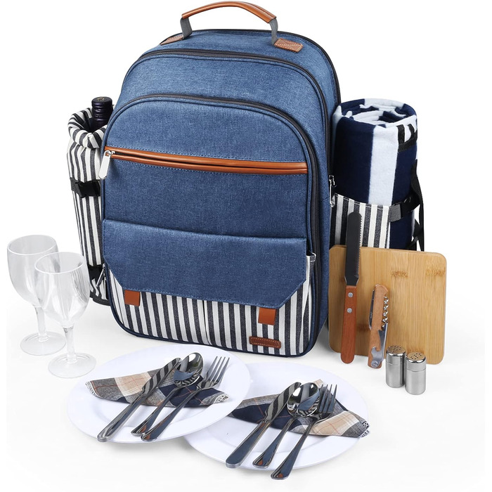 Sunflora Picnic Backpack Set for 4 People with Insulated Cooler and Blanket, Picnic Basket for 4 People for Camping and Outdoor Activities (Blue & Stripes, 2 Person)