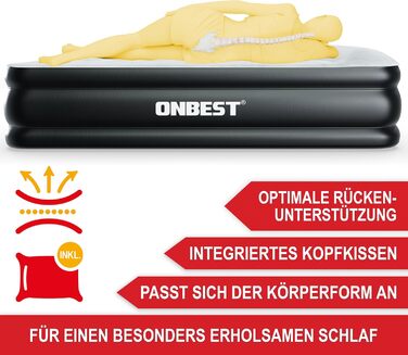 Надувне ліжко самонадувне для 2 осіб - 203 x 152 x 46 см - з електричним насосом - надувне ліжко для гостей, надувається за 3-5 хвилин - вбудована подушка (Чорний)