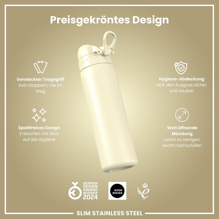 Ion8 Stainless Steel Drinking Bottle, 600 ml, Leak-Proof, One-Hand Operation, Secure Locking Mechanism, Dishwasher Safe, Flip-Top Lid, Carrying Handle, Easy to Clean, Durable & Scratch-Resistant (Stainless Steel, Creamy White)