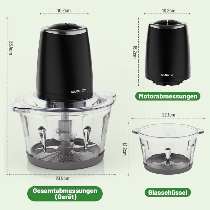 Електричний подрібнювач OUSFOT Multizerkleinerer, 1.8L, 500W, з скляною чашею. Підходить для овочів, фруктів, м'яса. Чорний.