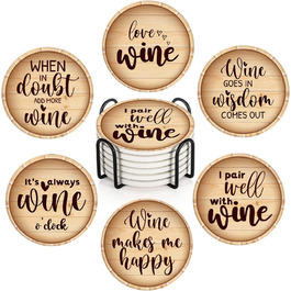 Britimes Drink Coasters, Set of 6, White Marble, Inspiring Love, Absorbent, Round, Ceramic-Stone Mat, with Cork Base and Metal Holder, Gift for Housewarming, Bar, Decor (Retro 8)