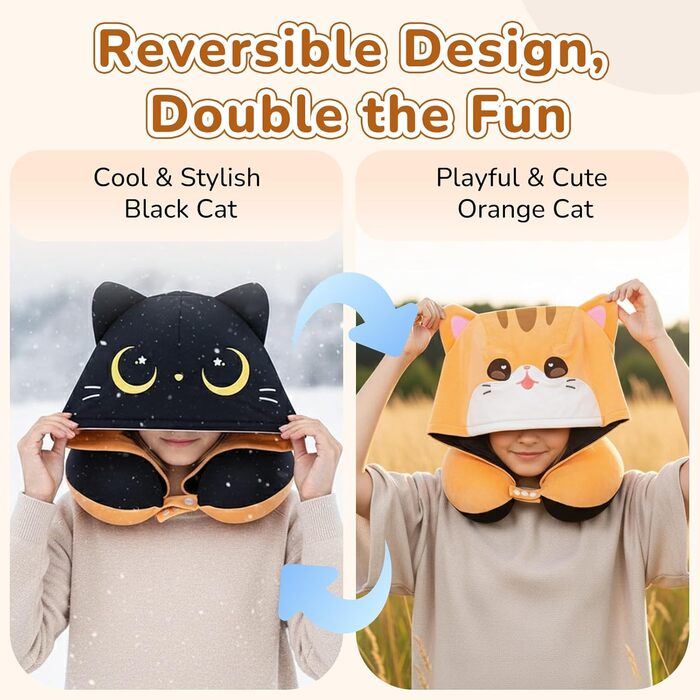 Подушка для шиї Mewaii для подорожей, двостороння подушка для дорослих, подушка для шиї з memory foam для літаків, обертова подушка для шиї з котячим капюшоном, регульований ремінь, чорний, перекидний
