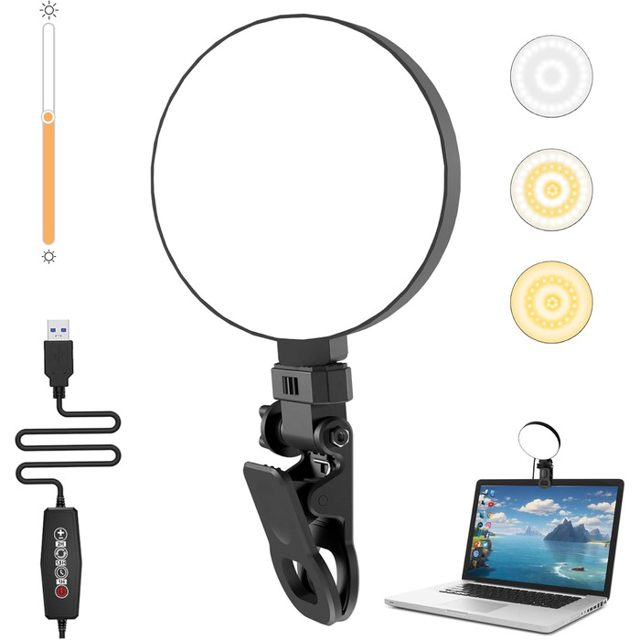 LED кільцева лампа для смартфона та ноутбука, світло для селфі з 3 колірними температурами та 5 рівнями яскравості, USB світло для відеоконференцій, Zoom, YouTube, TikTok, макіяжу, фотографії