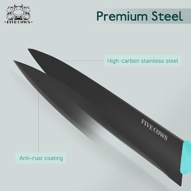 Набір кухонних ножів FIVE COWS (14 предметів) з автоматичним точильним, з ножем для стейку та ножицями, антиокислювальне покриття, професійний набір для дому (зелений)