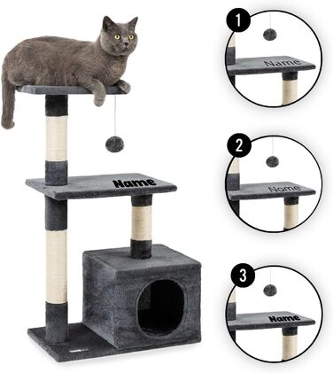 Lionto Scratching Post for Cats with Cave and Plush Ball incl. Bell, Height 85 cm, Cat Tree with Sisal & Plush, Cozy Resting Areas & Cave, Suitable for Small & Large Cats, (Dark Grey (with name tag))