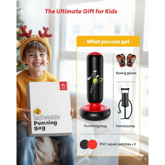 Дитячий боксерський мішок QPAU з рукавичками, 168 см, стабільний надувний боксерський мішок для дітей 6-12 років, подарунок для хлопчиків та дівчаток (Чорний & Червоний)