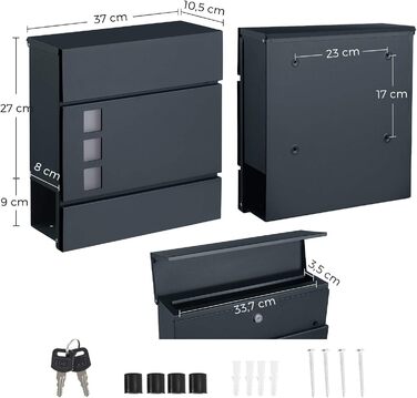 Поштовий ящик SONGMICS XXL з газетницею, антрацит, 37x37x10.5 см, з ключем та захистом від реклами