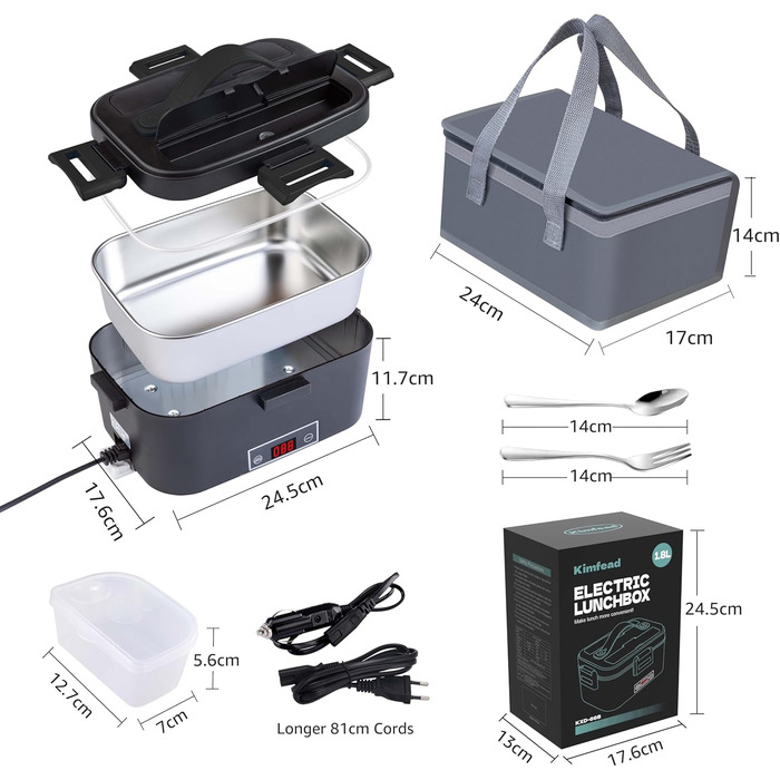 Електрична ланч-бокс Kimfead з контролем температури, 1.8L, 80W, 12V/24V/230V, з сумкою та столовим прибором, для авто/офісу