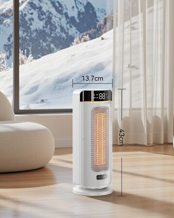 Електричний обігрівач MYCARBON 43 см для ванної кімнати - тихий (32 дБ), 1900 Вт, ECO режим, таймер 12 годин, осциляція, енергозбереження, PTC кераміка, пульт дистанційного керування, термостат для ванної, спальні, вітальні, офісу, білий