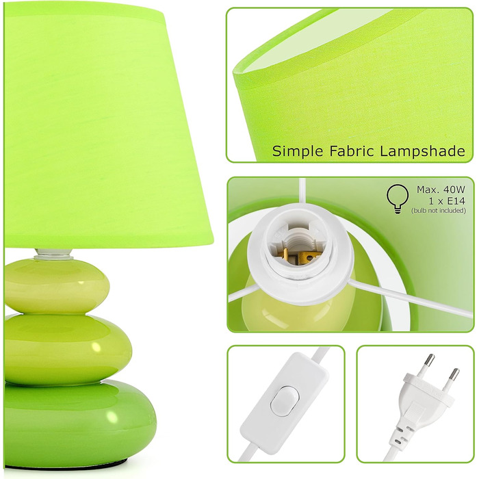 Торшер 'Ліна' - керамічна настільна лампа з абажуром з тканини, сумісна з LED, цоколь E14, 230V, зелений колір