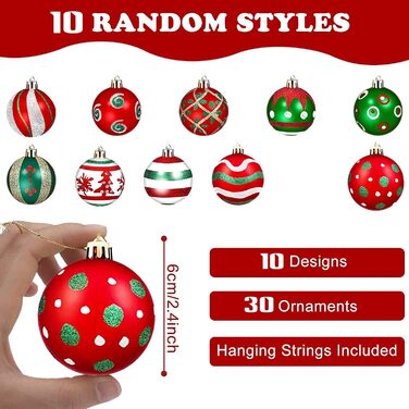 Набір прикрас на ялинку на Різдво, 30 шт, 60 мм, пластикові ялинкові кулі з гачками, для ялинки, вечірки, весілля (червоний, зелений, білий)