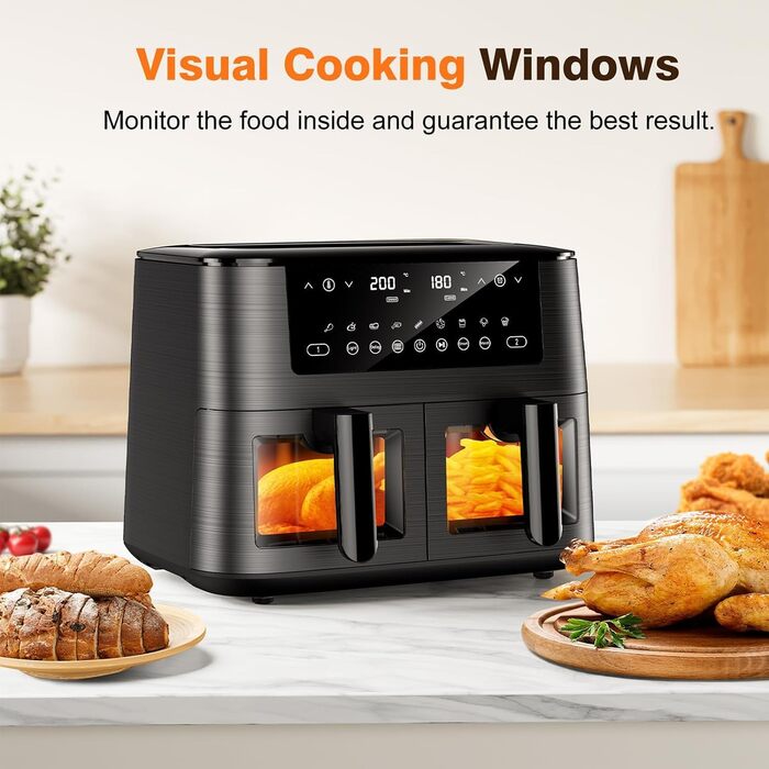 Дво-зонна аерофритюрниця з віконцем, 9 л XL, подвійний Airfryer з двома кошиками, 9-в-1, сенсорне керування, таймер, розумна, для здорового приготування без олії