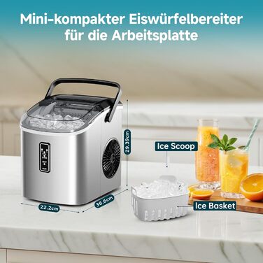 Машина для приготування льоду EUHOMY, 9 кубиків за 6 хвилин, 12 кг/день, самоочищення, портативна, з ручкою, кошиком та шуфлером, 2 розміри кубиків, чорна (срібна-1.2л)