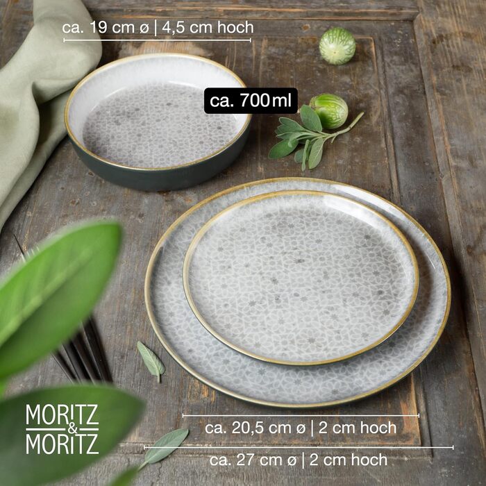 Moritz & Moritz TERRA 36-Piece Dinnerware Set - 12 Place Settings - Plate Set in Subtle Gray Made of High-Quality Porcelain - Dinnerware Set for 12 with 12 Dinner Plates, Dessert Plates, and Bowls Each - Gray 36-Piece Dinnerware Set