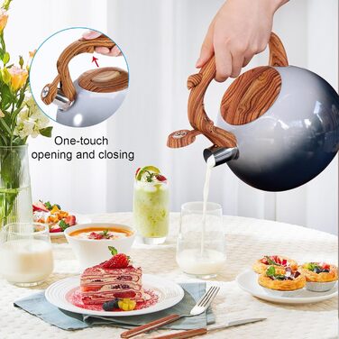 Чайник для плити GGC з регулятором рівня води 3.1 л / 3 л, з свистком, градієнт кольору сірий/чорний, з дерев'яною ручкою, з нержавіючої сталі для дому