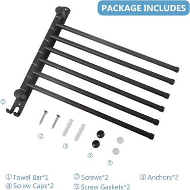 Тримач для рушників JSVER з нержавіючої сталі, 6-ти секційний, поворотний, чорний, 34 см