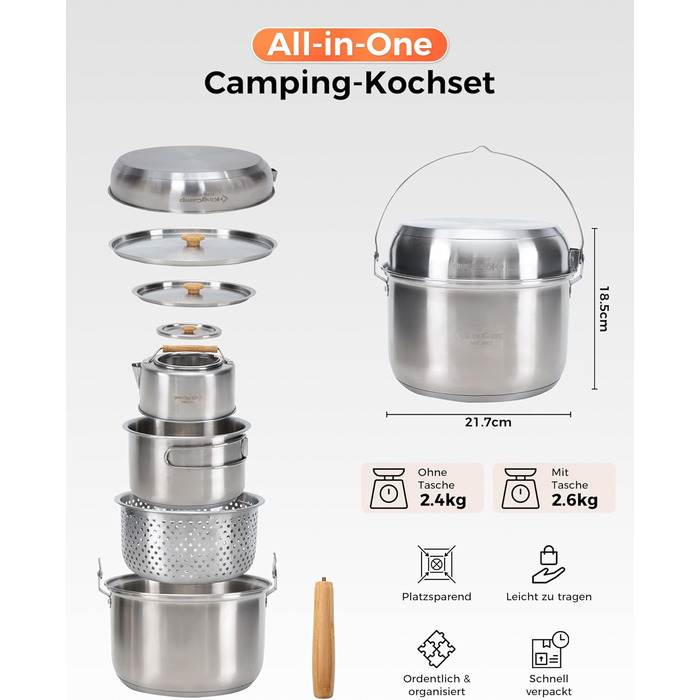 Набір посуду для кемпінгу KingCamp з кошиком, нержавіюча сталь, антипригарне покриття, 4-х частинний набір + чайник