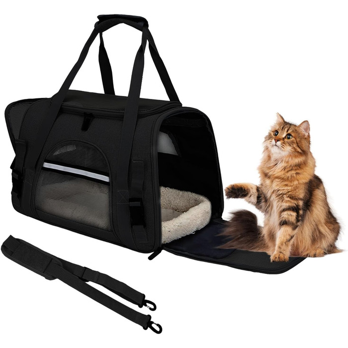 Транспортна сумка для тварин з підстилкою з флісу, чорна. Підходить для котів та собак до 10 кг