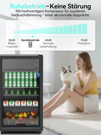 Холодильник для напоїв Devoko 93L з скляними дверцятами та LED-підсвіткою. Регульовані полиці для колі, пива та вина. Чорний колір, ідеально для дому та офісу.