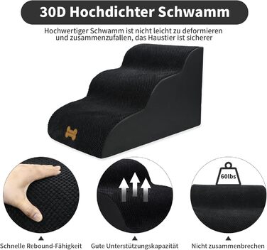 Non-slip Dog Stairs for Small Dogs 2-Step, Pet Stairs for Bed and Sofa made of High-Density Sponge, Dog Stairs Dog Ramp with Removable, Washable Cover and Non-Slip Bottom, 55x40x30cm (3 Steps Black Dog Stairs)