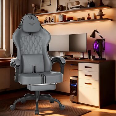 Ігрове крісло Huracan Gaming з функцією масажу, підголівником та підставкою для ніг, дихаючий поліестер, регульований нахил спинки 90-135°, сіро-чорне