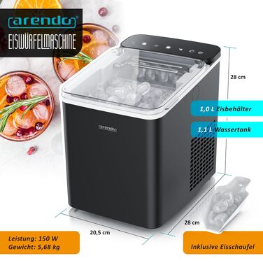 Льодогенератор Arendo Ice Cube Maker, 150 Вт, 12 кг льоду на добу, два розміри кубиків, автоматичне вимкнення, чорний