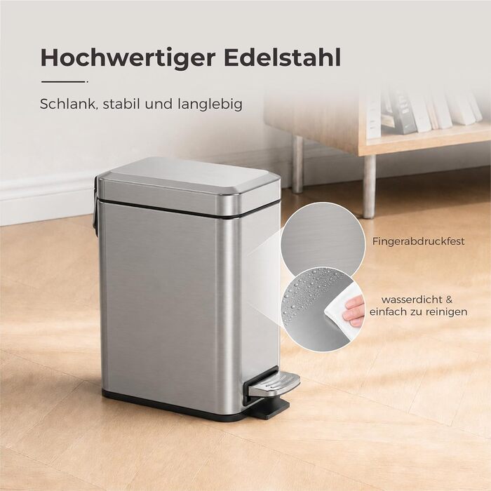 Сміттєвий кошик для ванної кімнати з педаллю та Soft-Close кришкою, 5 л, нержавіюча сталь, чорний