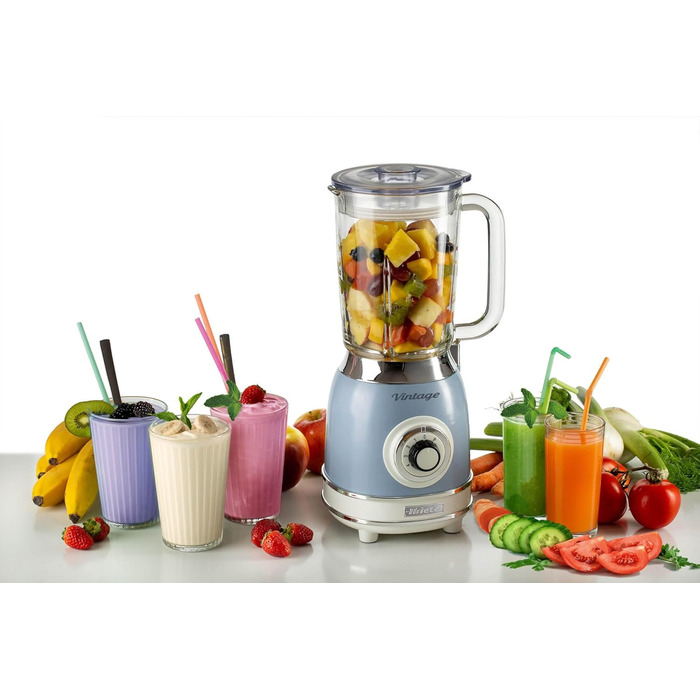 Vintage Ariete 583 Glass Mixer, Retro Multi-Function Mixer with 4 Blades, 4 Speeds + Pulse Function, Ice-Crusher Function, 1.5 Liter Capacity, 1000W, Light Blue Blue Single